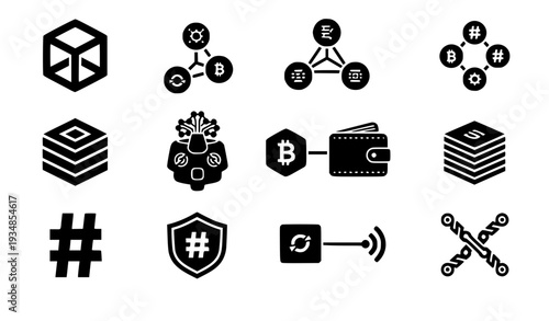 A set of black and white vector icons representing cryptocurrency and blockchain concepts