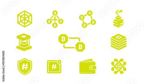 A set of modern flat vector icons representing various cryptocurrency and blockchain concepts