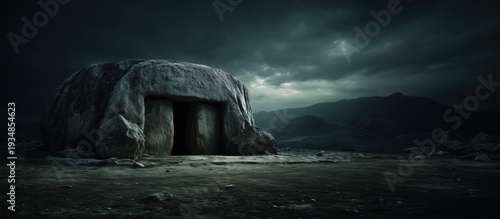 The sealed stone tomb of Jesus on Holy Saturday. Dark cinematic scene of the biblical grave before the resurrection. Easter concept with copy space