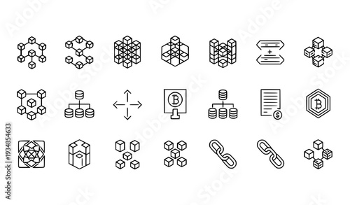 A set of blockchain and cryptocurrency related vector icons and illustrations in a flat design style
