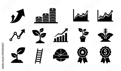 A set of black vector icons representing business growth and finance on a white background
