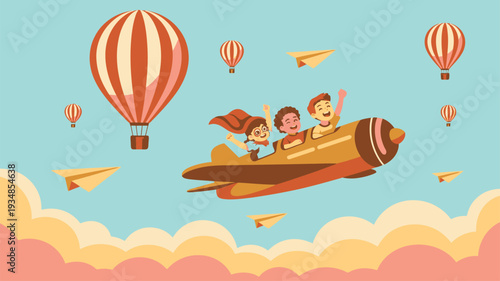 Children flying cartoon airplane hot air balloons