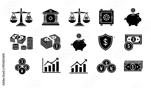 A set of black and white vector icons depicting various financial and banking symbols