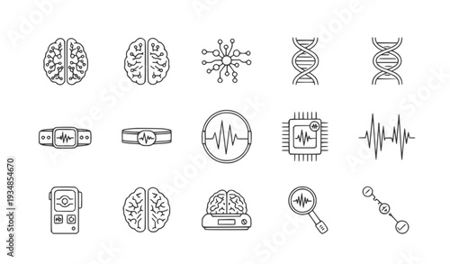 A collection of line art icons representing brain, DNA, and technology concepts in a minimal design style.