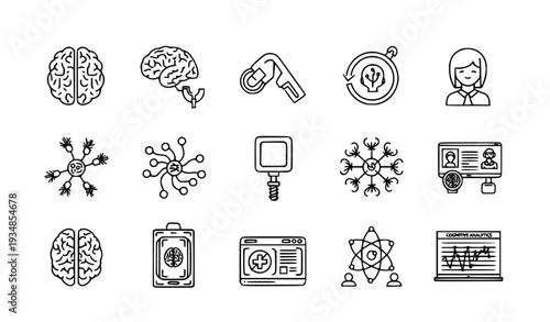 A set of black and white line art icons representing various concepts related to business, technology, and human resources.