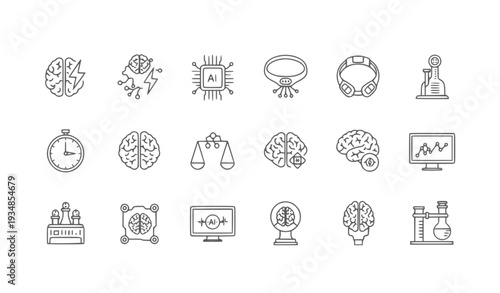 A collection of line art icons representing various concepts related to technology, intelligence, and innovation.