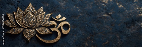 Golden Om symbol and lotus flower on a dark textured background. Spiritual meditation concept with copy space