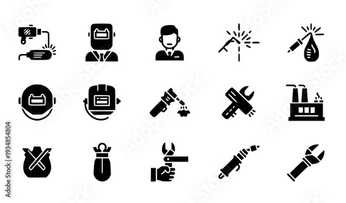 A set of black and white vector icons depicting various industrial and construction tools and equipment