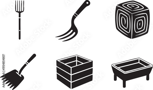 Gardening and outdoor tools icons on checkered background, fork, spade, rake and crate set