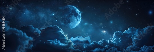 Panoramic night sky with a large moon and stars. Dark, dramatic clouds below a celestial blue atmosphere
