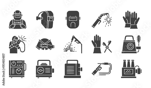 A set of black and white vector icons depicting various welding tools and equipment