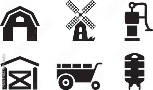 Farm and agriculture related icons on transparent background, rural building and equipment set