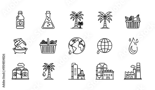 A set of black and white line art icons depicting environmental and industrial concepts