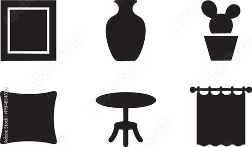 Home decor and interior design icons on checkered background, frame, vase, plant and curtain