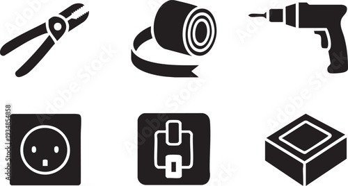 Tools set pliers tape measure drill and electrical items socket adapter and connector on transparent