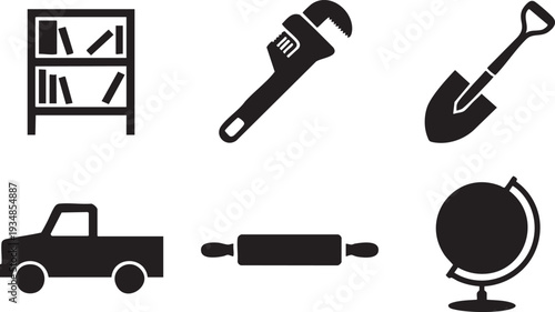 Collection of isolated icons representing home and tool objects on checkered background