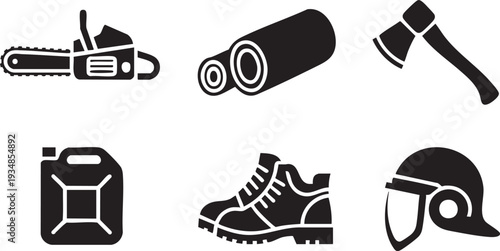 Set of tools for forestry work chainsaw logs axe canister for fuel safety helmet and boots