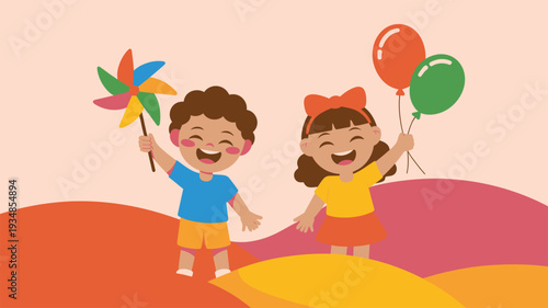 Children holding pinwheel and balloons