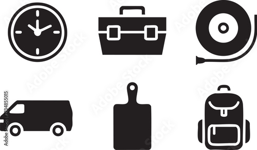 School and travel icons alarm clock briefcase van cutting board backpack set
