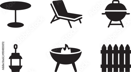 Outdoor patio furniture and barbecue grill icons collection set flat design