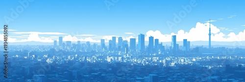 晴れ渡る青空の下に広がる東京の街並みと高層ビル群をパノラマで描いたアニメ調のイラストレーション。遠くには東京スカイツリーがそびえ立ち、白い入道雲が夏の訪れを感じさせる爽やかで美しい都市景観を表現した背景素材です。