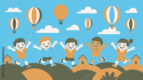 Children hot air balloons outdoor play illustration