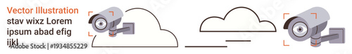 Cloud computing, data storage, security, surveillance, online privacy, cybersecurity. Surveillance cameras observing cloud icons. Cloud computing and data storage security concept
