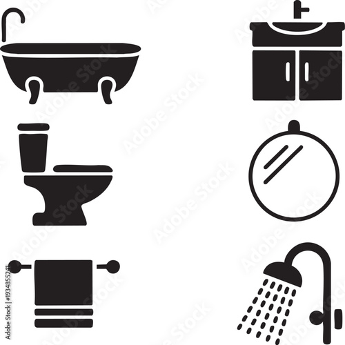 Bathroom furniture and sanitary ware icons set including bathtub toilet sink shower head mirror and towel rack
