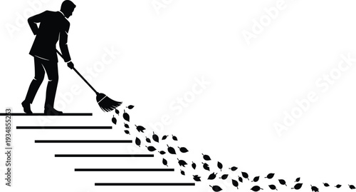Black silhouette of a man in a suit sweeping fallen autumn leaves down a set of stairs with a broom.