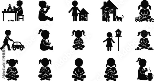 Black Silhouettes of Children Playing Eating and Drinking Activities Set Isolated on White Background for Nursery Education and Parenting Design
