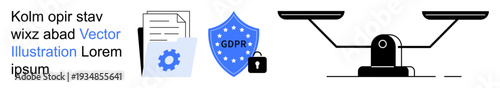 Data protection, privacy laws, cybersecurity, compliance, balancing rights, legal assurance. Documents, shield with GDPR text lock and scales. Data protection and privacy laws concept