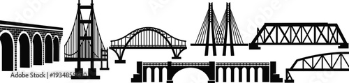 Collection of black bridge silhouettes featuring suspension arch truss and viaduct designs for civil engineering urban planning and architectural graphic resources