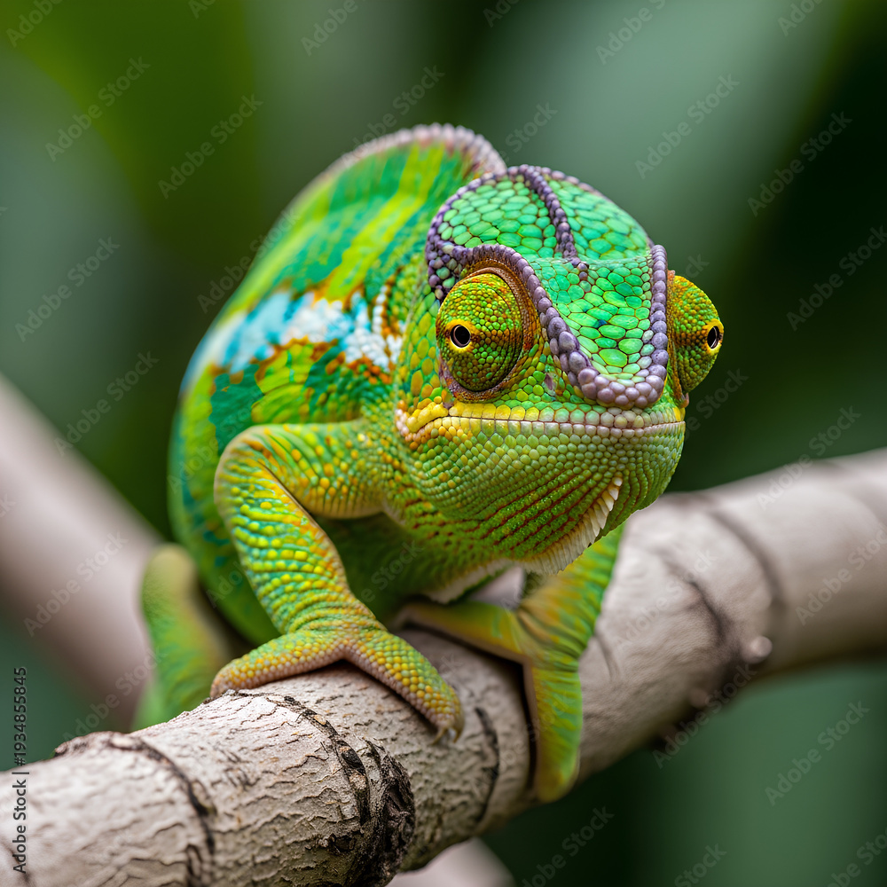 Fototapeta premium Vibrant Green Chameleon Perched on a Tree Branch in Natural Habitat.