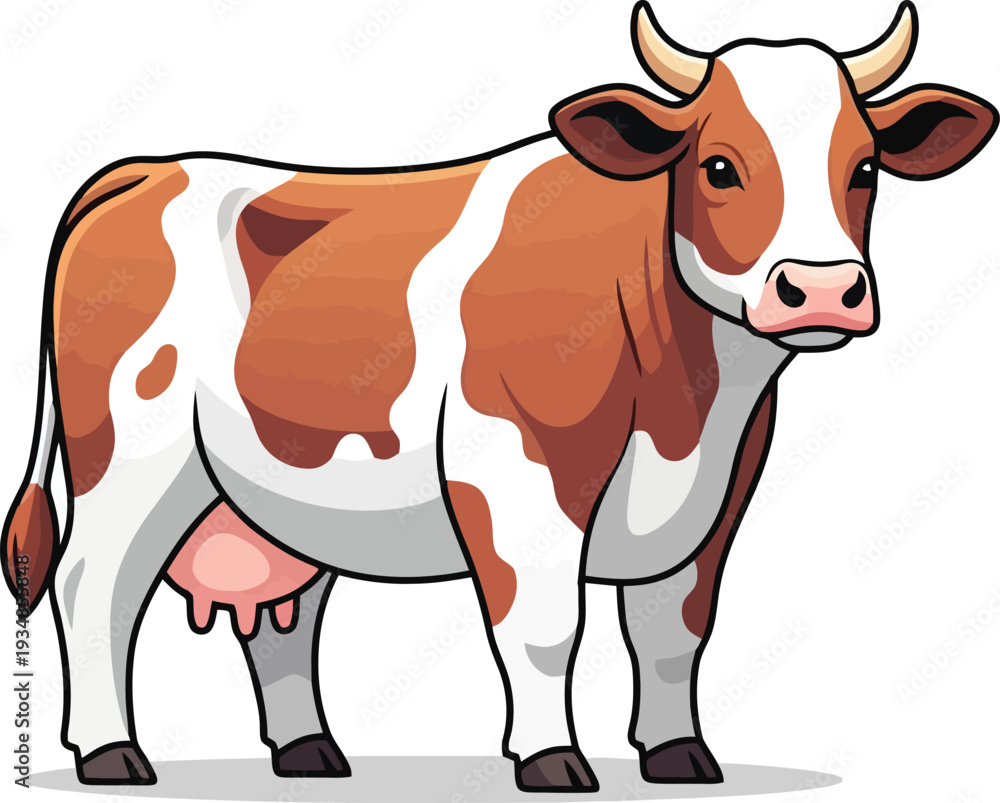 Fototapeta premium Cartoon Cow Standing with Horns and Udder.