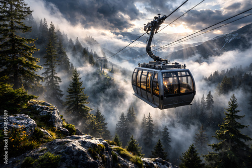 Modern cable car soaring above a misty pine forest at sunset