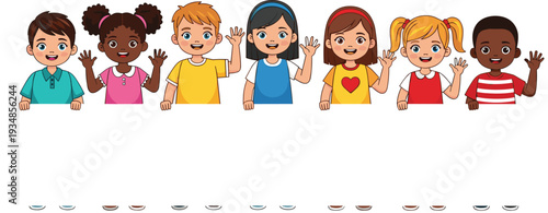 Diverse group of happy children waving hands, multicultural kids illustration isolated on white background design