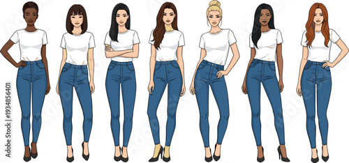 Diverse women standing together in casual outfits, multicultural female characters illustration isolated on white background design