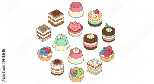 Assorted colorful desserts multiple layered cakes with fruits and cream sweet treats bakery items digital illustration white background