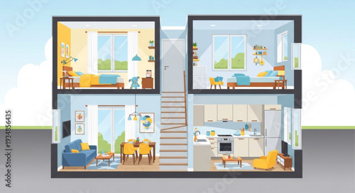 Cozy modern two story home interior illustration with cutaway view showing living room dining room kitchen and bedroom in bright colors