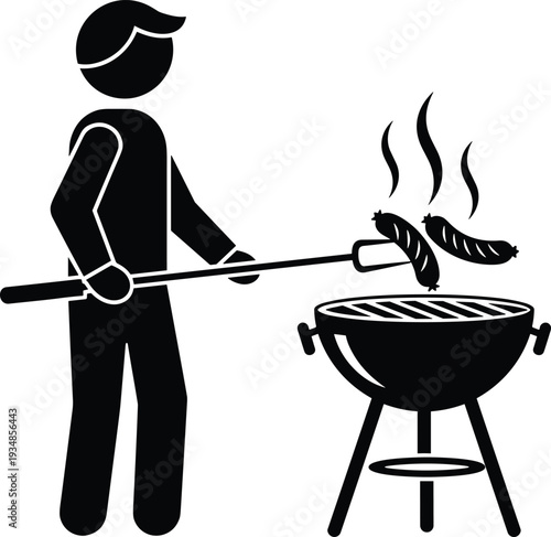 Man grilling sausages on outdoor charcoal kettle barbecue grill silhouette icon for summer cookout picnic party and backyard garden catering events