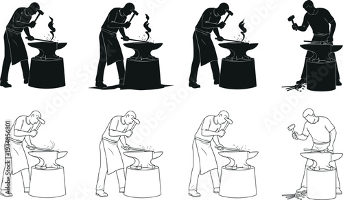 Set of blacksmith silhouettes and line art icons featuring craftsmen working with hammers and anvils for traditional metalwork and forge industry.