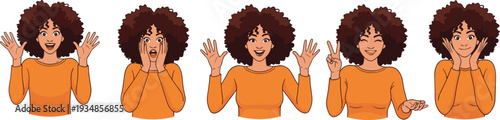 Expressive woman character showing different emotions and hand gestures, communication concept illustration isolated on white background design