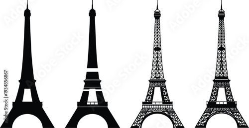 Set of Eiffel Tower silhouettes and detailed line art vector illustrations of the famous Paris landmark for travel and French branding