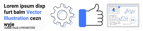 Business processes, analytics, teamwork, productivity, data visualization, digital solutions. Gear, thumbs-up graphs and charts. Analytics and business processes concept