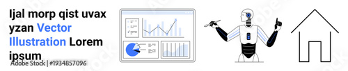 AI robot gesturing toward analytics dashboard with charts, graphs, and pie chart. Minimalist house outline nearby. Ideal for AI technology, data analysis, automation, home innovation, futuristic