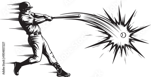 Baseball player hitting ball with bat in motion swing