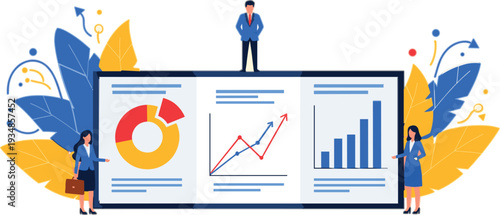Business analytics dashboard vector illustration featuring financial charts, growth graphs and corporate team analyzing data in modern flat design