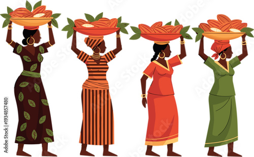 African women carrying baskets on heads vector illustration featuring traditional clothing and village lifestyle in colorful cultural flat design