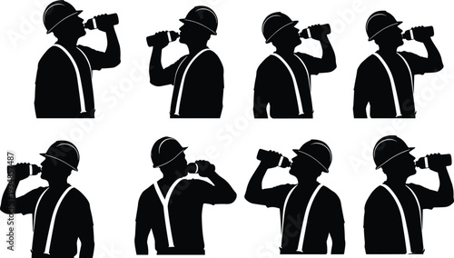 Silhouette of construction worker drinking water from bottle while wearing hard hat and safety vest for hydration and heat safety