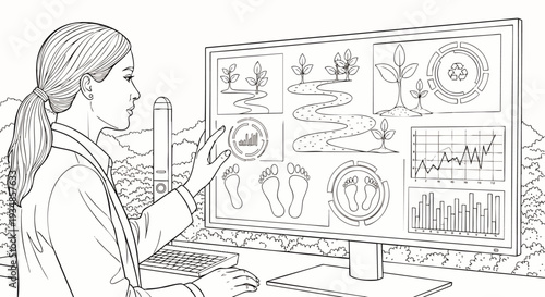 Scientist analyzes environmental data on a large computer screen showing growth charts and footprint analysis in a natural setting.